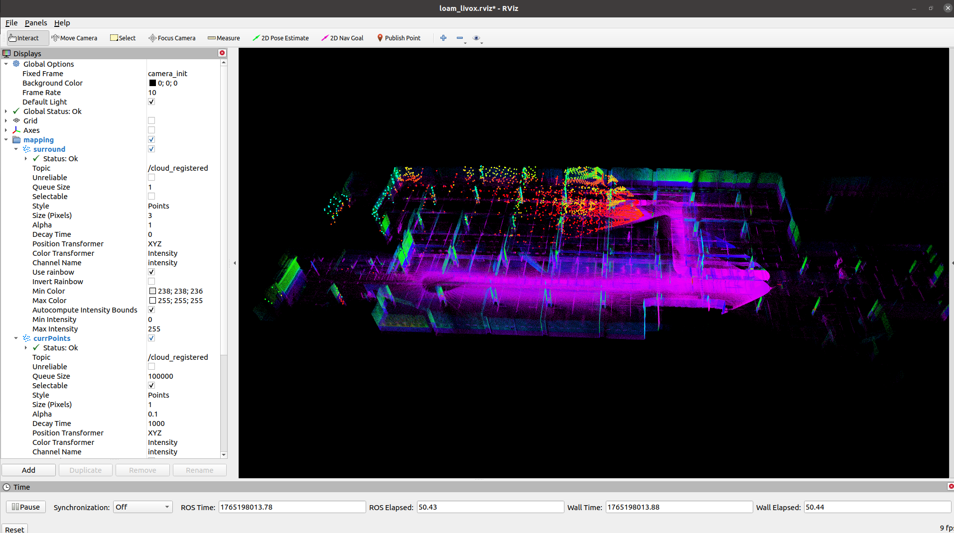 Earlier development screenshot showing a registered point cloud in RViz