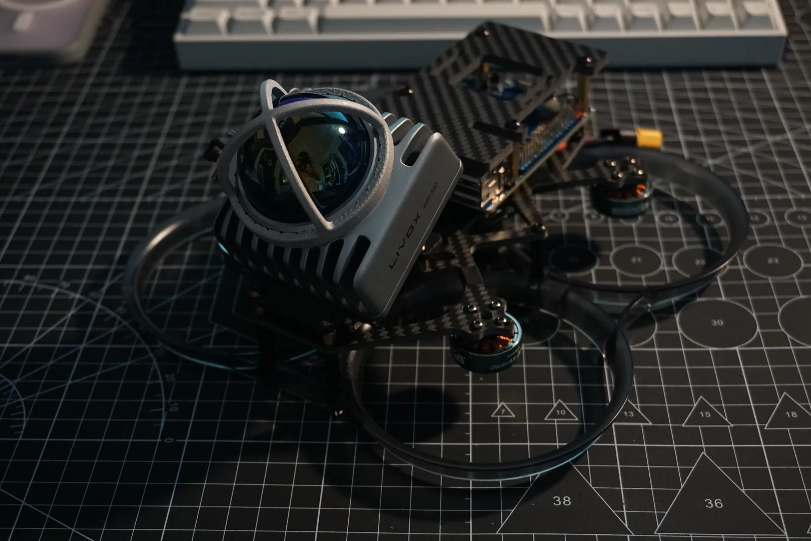 Actual FUNSKII compact UAV with front sensor assembly and guarded propellers